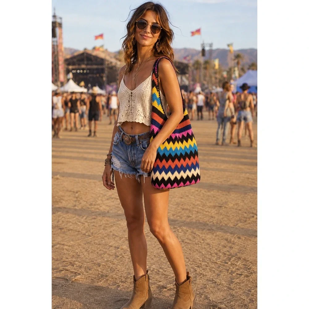70s Multi-Color Chevron Crochet Crossbody Bag Boho Sunburst Bottom Festival Hobo